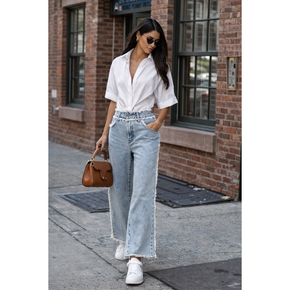 BY.DYLN Montanna Frayed Waist Wide Leg Jeans‎ Light Wash Raw Denim High Rise L